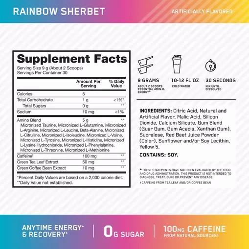 Optimum Nutrition ESSENTIAL AMIN.O. ENERGY® *new* Rainbow Sherbet - Notify Me 0.6 lb - Notify me Greece | 79GJMQZUA