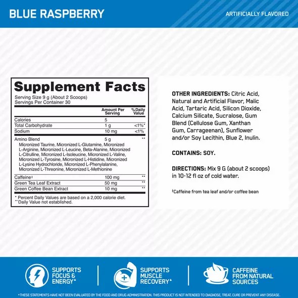 Optimum Nutrition ESSENTIAL AMIN.O. ENERGY® Blue Raspberry 1.29 lb (65 Servings) Greece | 12GAVTBJF