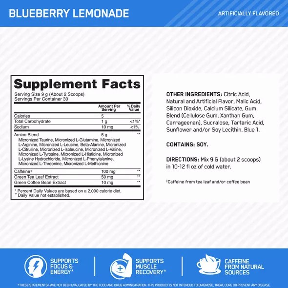 Optimum Nutrition ESSENTIAL AMIN.O. ENERGY® Blueberry Lemonade 0.6 lb (30 Servings) Greece | 15GNLCJVM