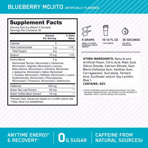 Optimum Nutrition ESSENTIAL AMIN.O. ENERGY® Blueberry Mojito 0.6 lb (30 Servings) Greece | 97ZOYVKTA