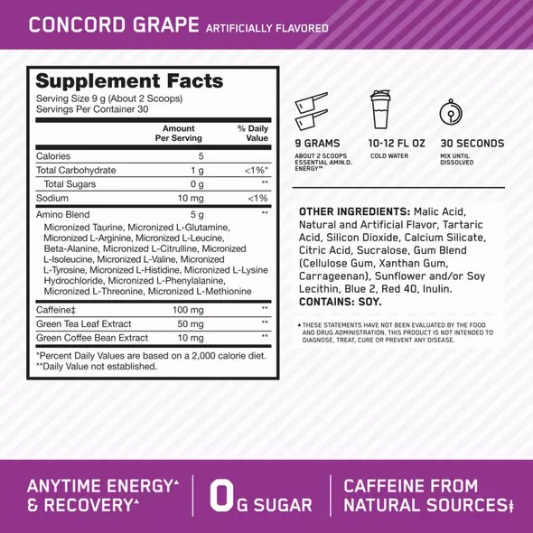 Optimum Nutrition ESSENTIAL AMIN.O. ENERGY® Concord Grape 0.6 lb (30 Servings) Greece | 05GLNOAFS