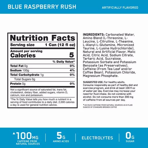 Optimum Nutrition ESSENTIAL AMIN.O. ENERGY+ Electrolytes Sparkling *new* Blue Raspberry Rush 355ml * 12 Cans (12 Servings) Greece | 18ZDBCMYE