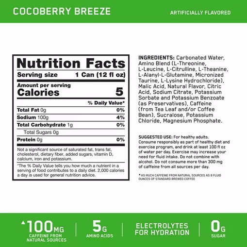 Optimum Nutrition ESSENTIAL AMIN.O. ENERGY+ Electrolytes Sparkling *new* Cocoberry Breeze 355ml * 12 Cans (12 Servings) Greece | 36QMTHBAL