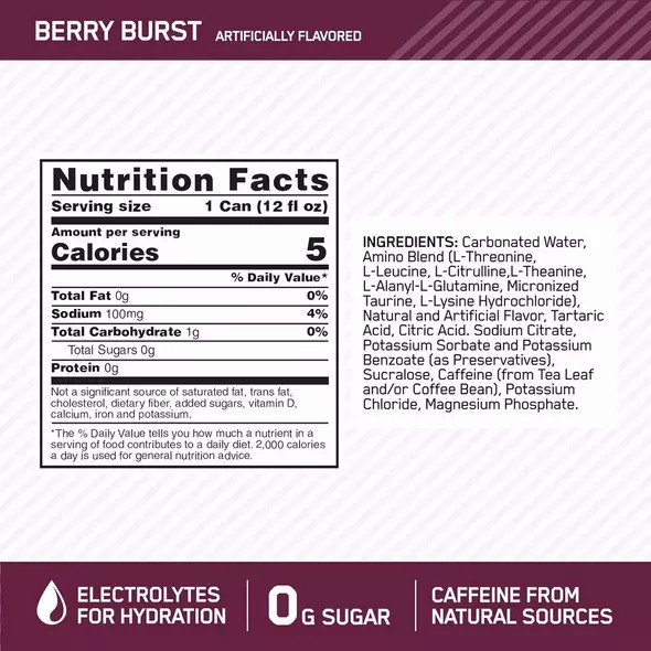 Optimum Nutrition ESSENTIAL AMIN.O. ENERGY+ Electrolytes Sparkling Berry Burst 355ml * 12 Cans (12 Servings) Greece | 45VYNCWFT