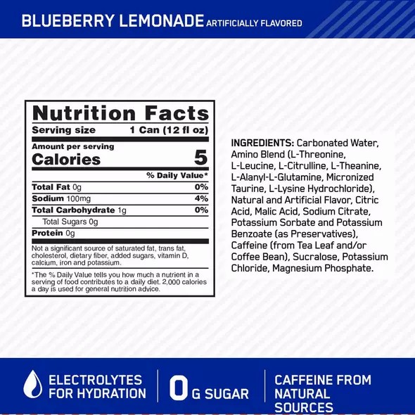 Optimum Nutrition ESSENTIAL AMIN.O. ENERGY+ Electrolytes Sparkling Blueberry Lemonade 355ml * 12 Cans (12 Servings) Greece | 92EYRVNMQ