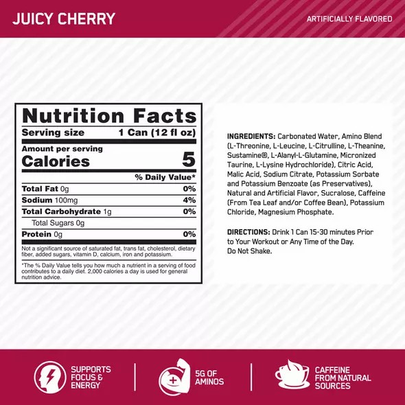 Optimum Nutrition ESSENTIAL AMIN.O. ENERGY+ Electrolytes Sparkling Juicy Cherry 355ml * 12 Cans (12 Servings) Greece | 09UHIZGPK