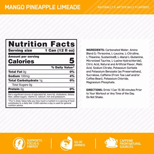 Optimum Nutrition ESSENTIAL AMIN.O. ENERGY+ Electrolytes Sparkling Mango Pineapple Lime 355ml * 12 Cans (12 Servings) Greece | 84FUNILQY