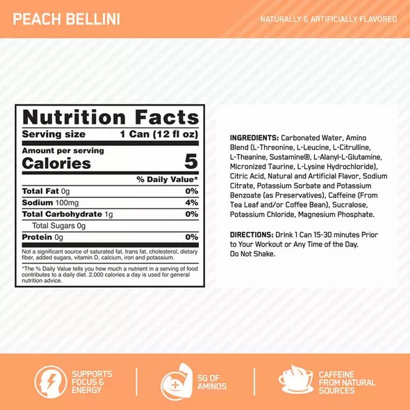 Optimum Nutrition ESSENTIAL AMIN.O. ENERGY+ Electrolytes Sparkling Peach Bellini 355ml * 12 Cans (12 Servings) Greece | 43BJTEFOV
