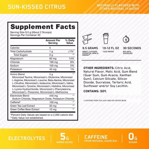 Optimum Nutrition Essential AMIN.O. ENERGY + Electrolytes *new* Sun-kissed Citrus 0.63 lb (30 Servings) Greece | 86GQOBPTL