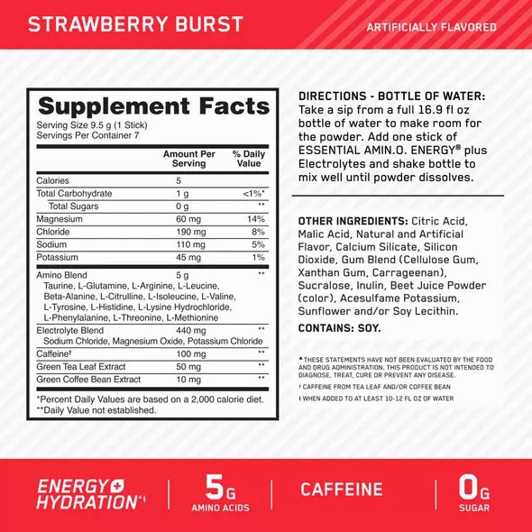 Optimum Nutrition Essential AMIN.O. ENERGY + Electrolytes Strawberry Burst 0.63 lb (30 Servings) Greece | 71JUMSDWG