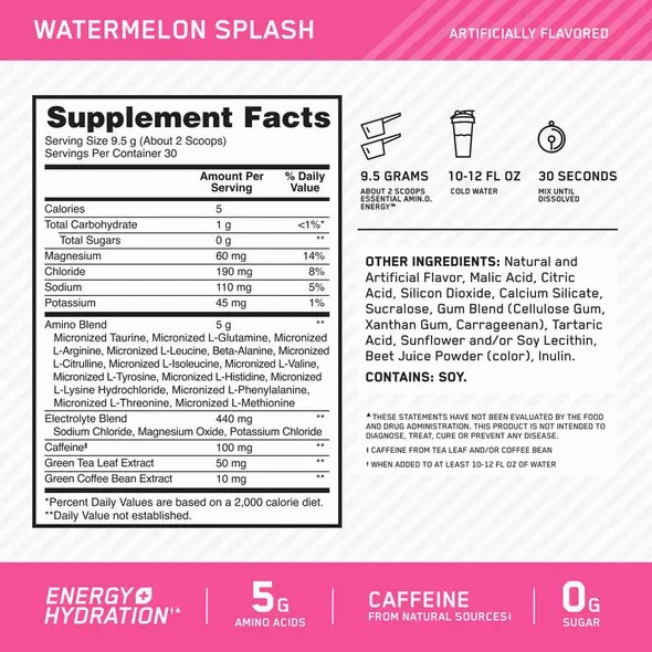 Optimum Nutrition Essential AMIN.O. ENERGY + Electrolytes Watermelon Splash 0.63 lb (30 Servings) Greece | 75KFTJVDG