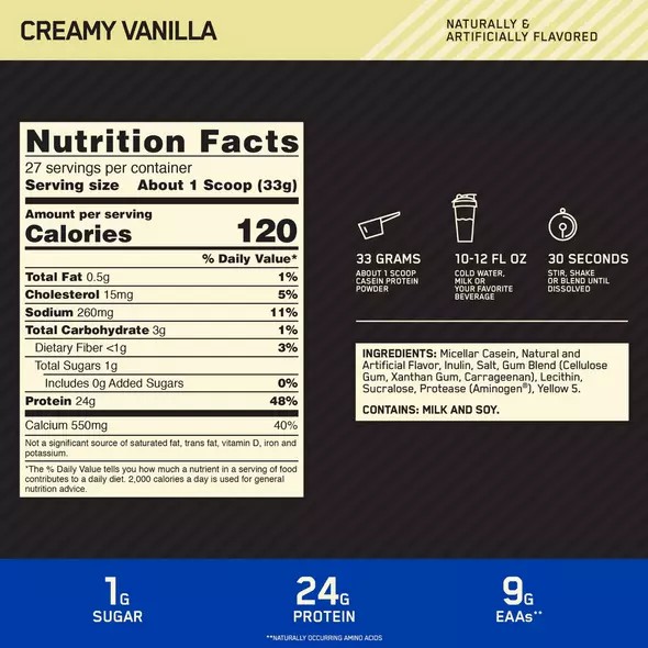 Optimum Nutrition GOLD STANDARD® 100% Casein Creamy Vanilla 4 lb (53 Servings) Greece | 40WXRNETH