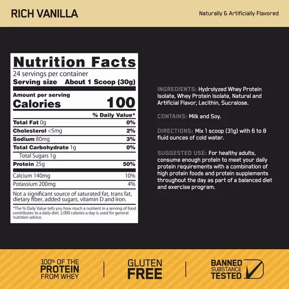 Optimum Nutrition GOLD STANDARD® 100% Isolate Rich Vanilla 2.91 lb (44 Servings) Greece | 63IATCMBE