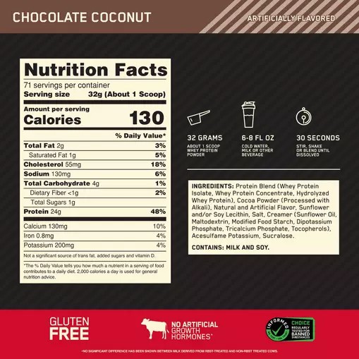 Optimum Nutrition GOLD STANDARD 100% WHEY™ Chocolate Coconut 5 lb (71 Servings) Greece | 16EIQPFVG