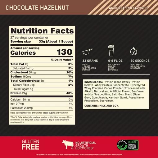 Optimum Nutrition GOLD STANDARD 100% WHEY™ Chocolate Hazelnut 2 lb (27 Servings) Greece | 48PVBTYOZ