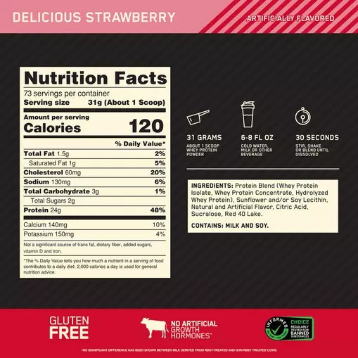 Optimum Nutrition GOLD STANDARD 100% WHEY™ Delicious Strawberry 5 lb (73 Servings) Greece | 86TONSFCB