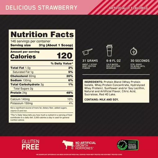 Optimum Nutrition GOLD STANDARD 100% WHEY™ Delicious Strawberry 10 lb (146 Servings) Greece | 52ZBOFLHV