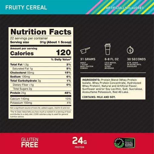 Optimum Nutrition GOLD STANDARD 100% WHEY™ Fruity Cereal 1.5 lb (22 Servings) Greece | 74SMZEKGY