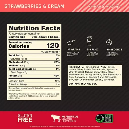 Optimum Nutrition GOLD STANDARD 100% WHEY™ Strawberries & Cream 5 lb (73 Servings) Greece | 85BRIHWQT