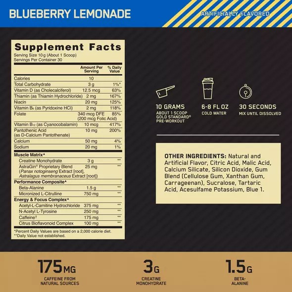 Optimum Nutrition GOLD STANDARD® Pre-Workout Blueberry Lemonade 0.66 lb (30 Servings) Greece | 76WOZXJPH