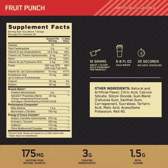 Optimum Nutrition GOLD STANDARD® Pre-Workout Fruit Punch 0.66 lb (30 Servings) Greece | 26IXZMGJK