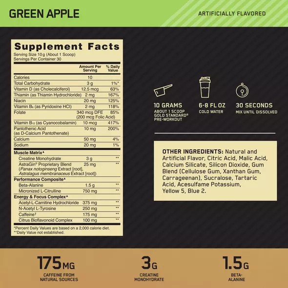 Optimum Nutrition GOLD STANDARD® Pre-Workout Green Apple 0.66 lb (30 Servings) Greece | 75DNYEWZL