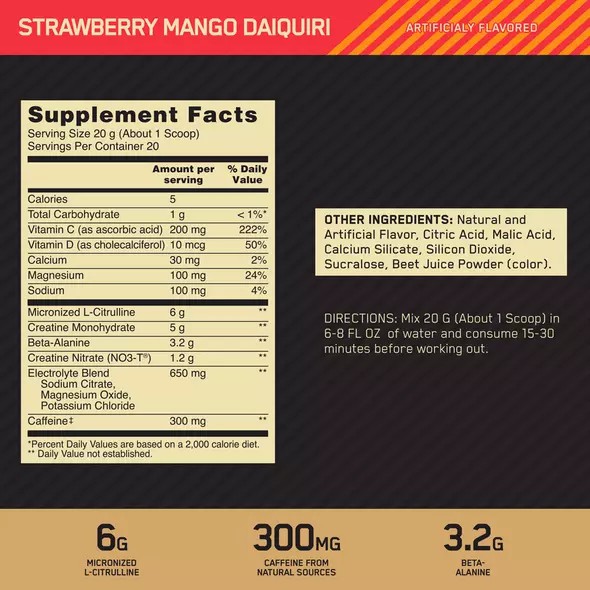 Optimum Nutrition GOLD STANDARD® Pre Advanced Strawberry Mango Daiquiri 0.88 lb (20 Servings) Greece | 05EINCQLZ