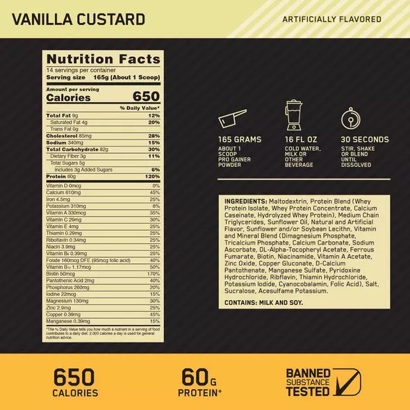 Optimum Nutrition GOLD STANDARD® Pro Gainer Vanilla Custard 5.09 lb (14 Servings) Greece | 97VPUQCBA