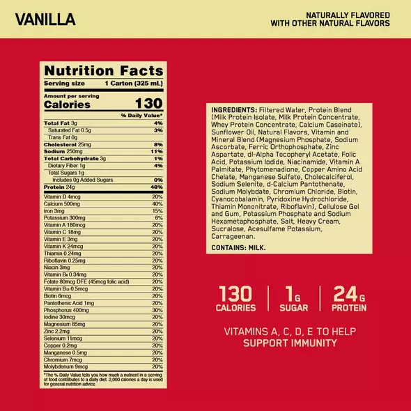 Optimum Nutrition GOLD STANDARD® Ready To Drink Protein Shake Vanilla 12 Cartons (12 Servings) Greece | 06SUFWCAV