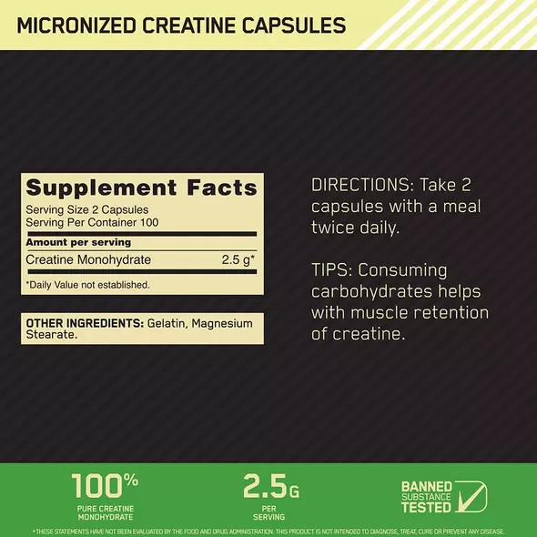 Optimum Nutrition Micronized Creatine Capsules 200 Capsules (100 Servings) Greece | 19TDRXMFY