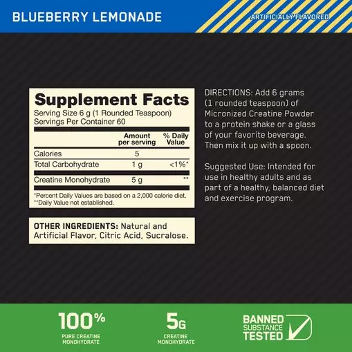 Optimum Nutrition Micronized Creatine Powder Blueberry Lemonade 0.79 lb (60 Servings) Greece | 05ISAQTFW