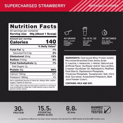 Optimum Nutrition PLATINUM HYDROWHEY™ Supercharged Strawberry 1.76 lb (20 Servings) Greece | 03STOMKQR