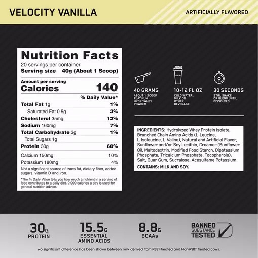 Optimum Nutrition PLATINUM HYDROWHEY™ Velocity Vanilla 1.76 lb (20 Servings) Greece | 42ZGIHUNY