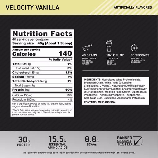 Optimum Nutrition PLATINUM HYDROWHEY™ Velocity Vanilla 3.52 lb (40 Servings) Greece | 89ONVILWH