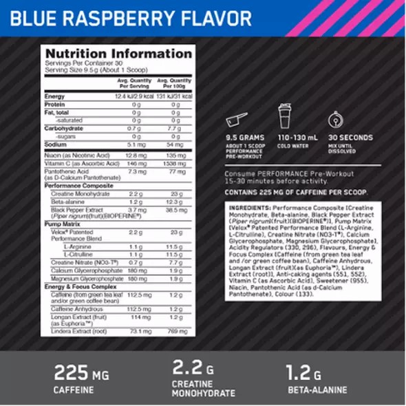 Optimum Nutrition Performance Pre-Workout Blue Raspberry 285g Greece | 95RDVHBMJ