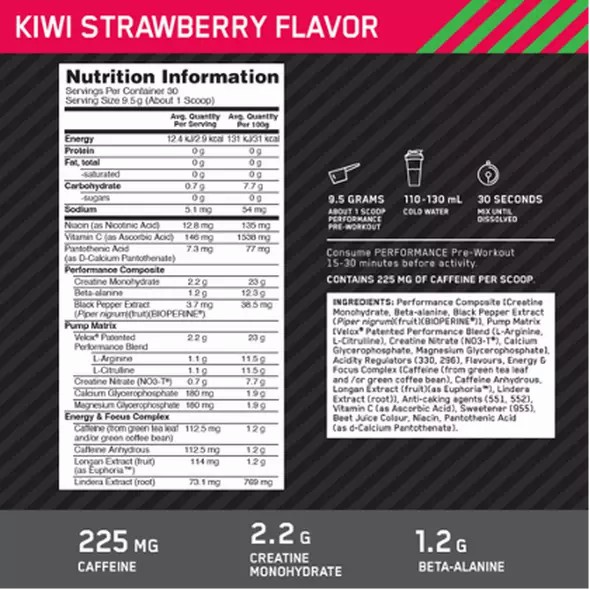 Optimum Nutrition Performance Pre-Workout Kiwi Strawberry 285g Greece | 37DWEZOKL