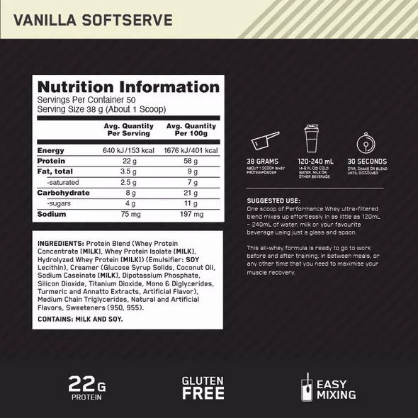 Optimum Nutrition Performance Whey Vanilla 1.95kg Greece | 85UPLZNFT