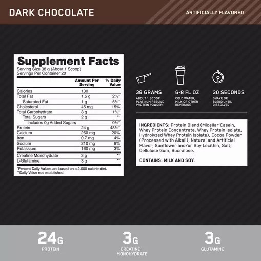 Optimum Nutrition Platinum Rebuild Dark Chocolate 1.67 lb (20 Servings) Greece | 19UBTEPQH