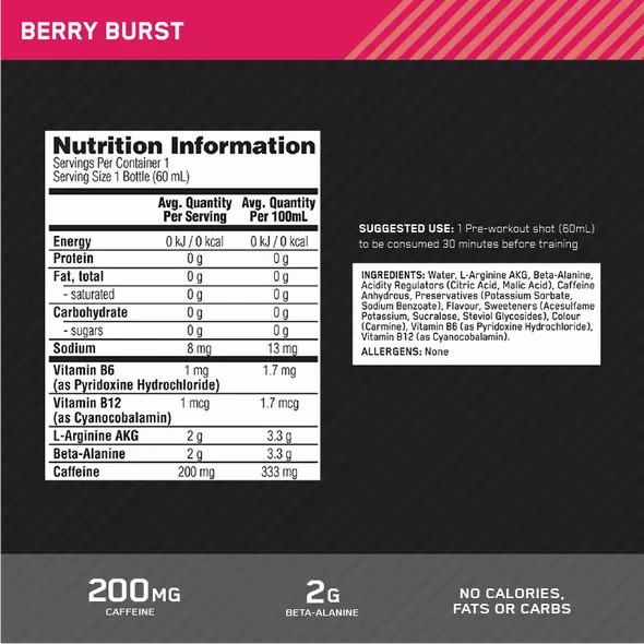 Optimum Nutrition Pure Pre 200 Pre-Workout Shot Berry 60ml (12 shots) Greece | 12HLXRGSV