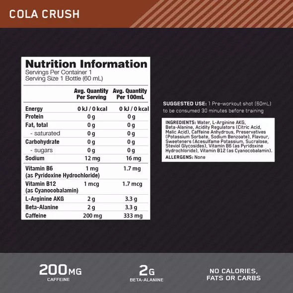 Optimum Nutrition Pure Pre 200 Pre-Workout Shot Cola 60ml (12 shots) Greece | 15EWNDLGF