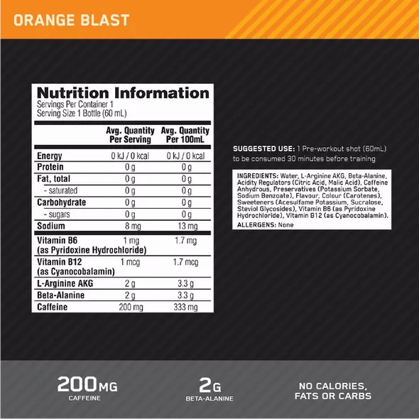 Optimum Nutrition Pure Pre 200 Pre-Workout Shot Orange 60ml (12 shots) Greece | 46QYFSLXD