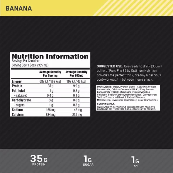 Optimum Nutrition Pure Pro 35 Banana 355ml (6 bottles) Greece | 52JPEQVLG