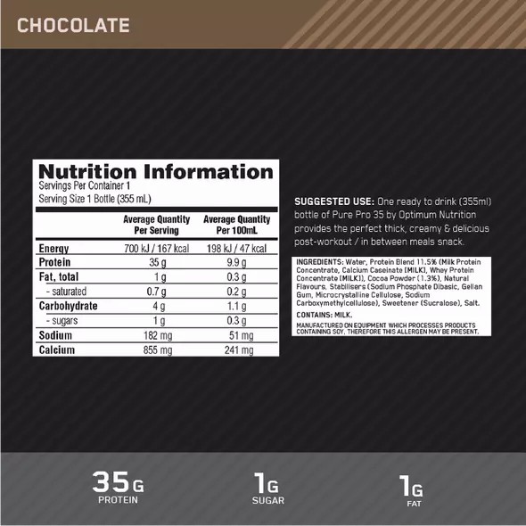 Optimum Nutrition Pure Pro 35 Chocolate 355ml (6 bottles) Greece | 40TXDJSEH