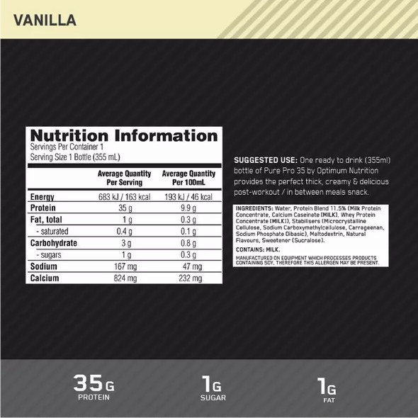 Optimum Nutrition Pure Pro 35 Vanilla 355ml (6 bottles) Greece | 96RJHXUMK