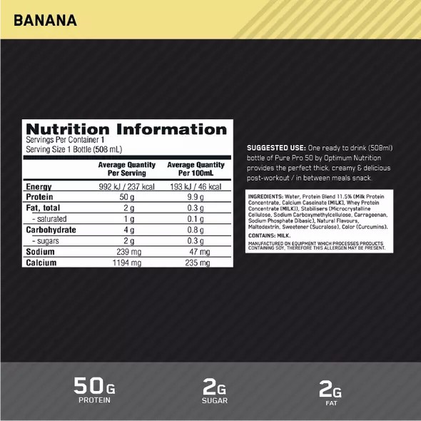 Optimum Nutrition Pure Pro 50 Banana 508ml (12 bottles) Greece | 06UPKNOXR