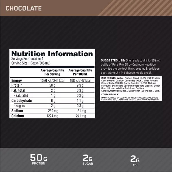 Optimum Nutrition Pure Pro 50 Chocolate 508ml (12 bottles) Greece | 79PDJQSIX