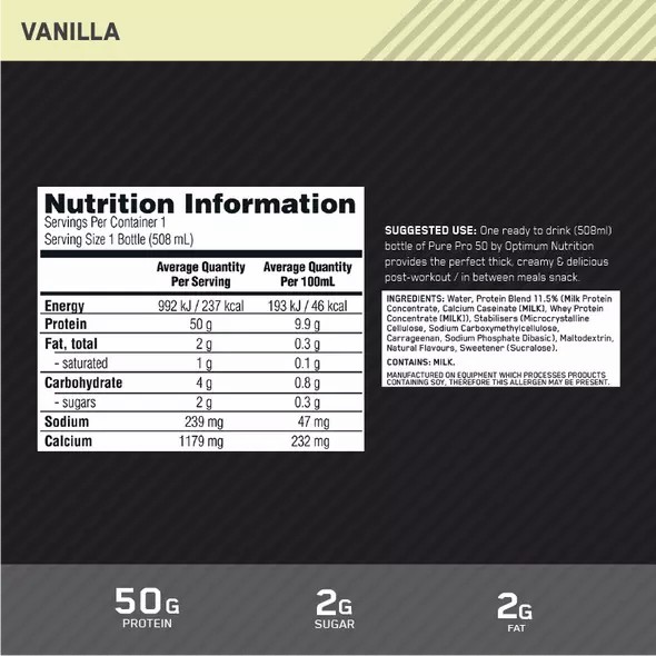 Optimum Nutrition Pure Pro 50 Vanilla 508ml (12 bottles) Greece | 94IVOKRNT